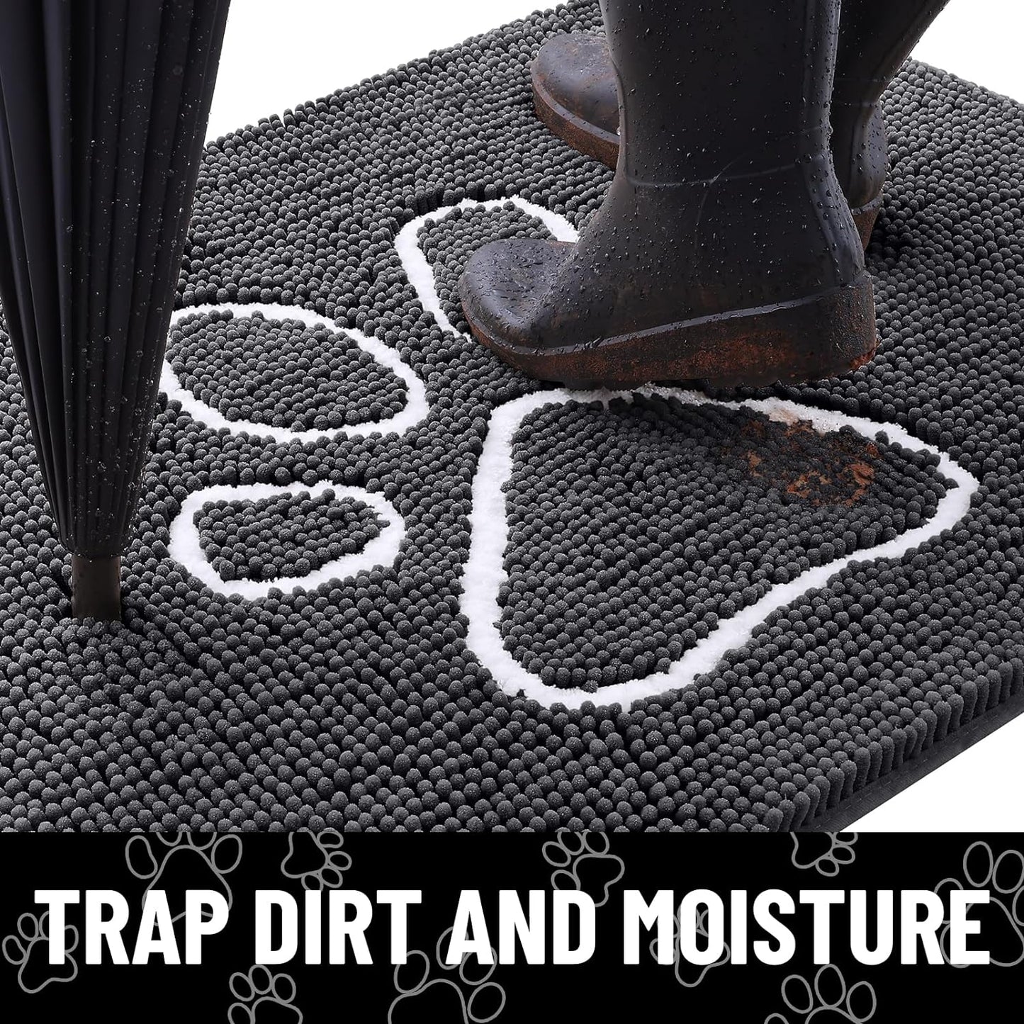 Smiry Dog Door Mat for Muddy Paws, Absorbent Dirt Trapper Non Slip Quick Dry Washable Chenille Mat for Mud Dogs, Entry Rug for Indoor and Outdoor (59x24 Inches, Dark Grey and White)