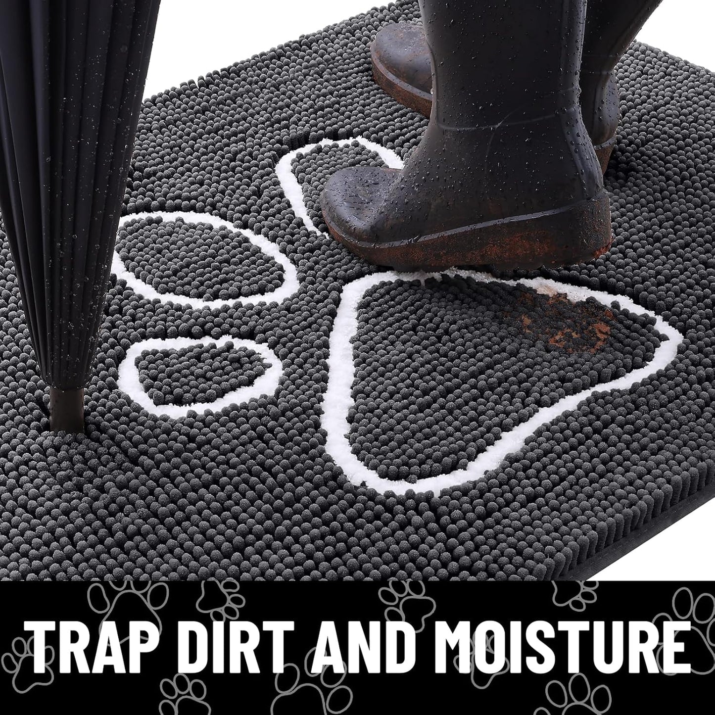 Smiry Dog Door Mat for Muddy Paws, Absorbent Dirt Trapper Non Slip Quick Dry Washable Chenille Mat for Mud Dogs, Entry Rug for Indoor and Outdoor (59x35 Inches, Dark Grey and White)