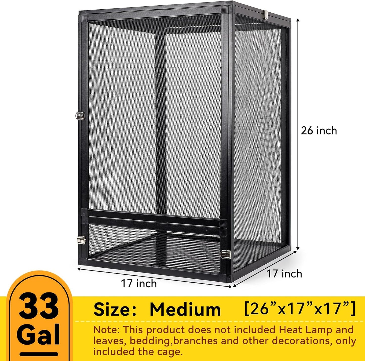 33 Gallon 360° Panoramic Foldable Reptile Terrarium Kit: Crested Gecko Tank and Reptile Cage for Superior Ventilation, Easy Feeding, Sturdiness, and Simple Assembly (Black, 26"x17"x17") - FurryFun