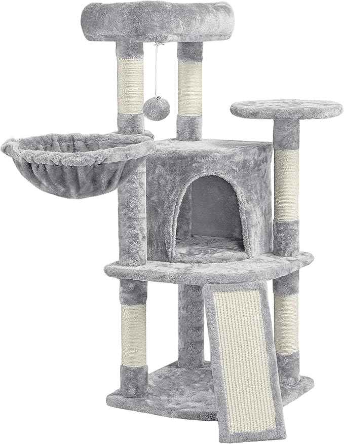 Topeakmart 42in Cat Tree Tower for Indoor Cats, Cat Condo with Perch & Hammock, Activity Center, Multi-Level Cat Furniture with Scratching Posts, Cat House, Light Gray