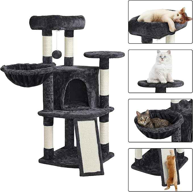 Topeakmart 42in Cat Tree Tower for Indoor Cats, Cat Condo with Perch & Hammock, Activity Center, Multi-Level Cat Furniture with Scratching Posts, Cat House, Black
