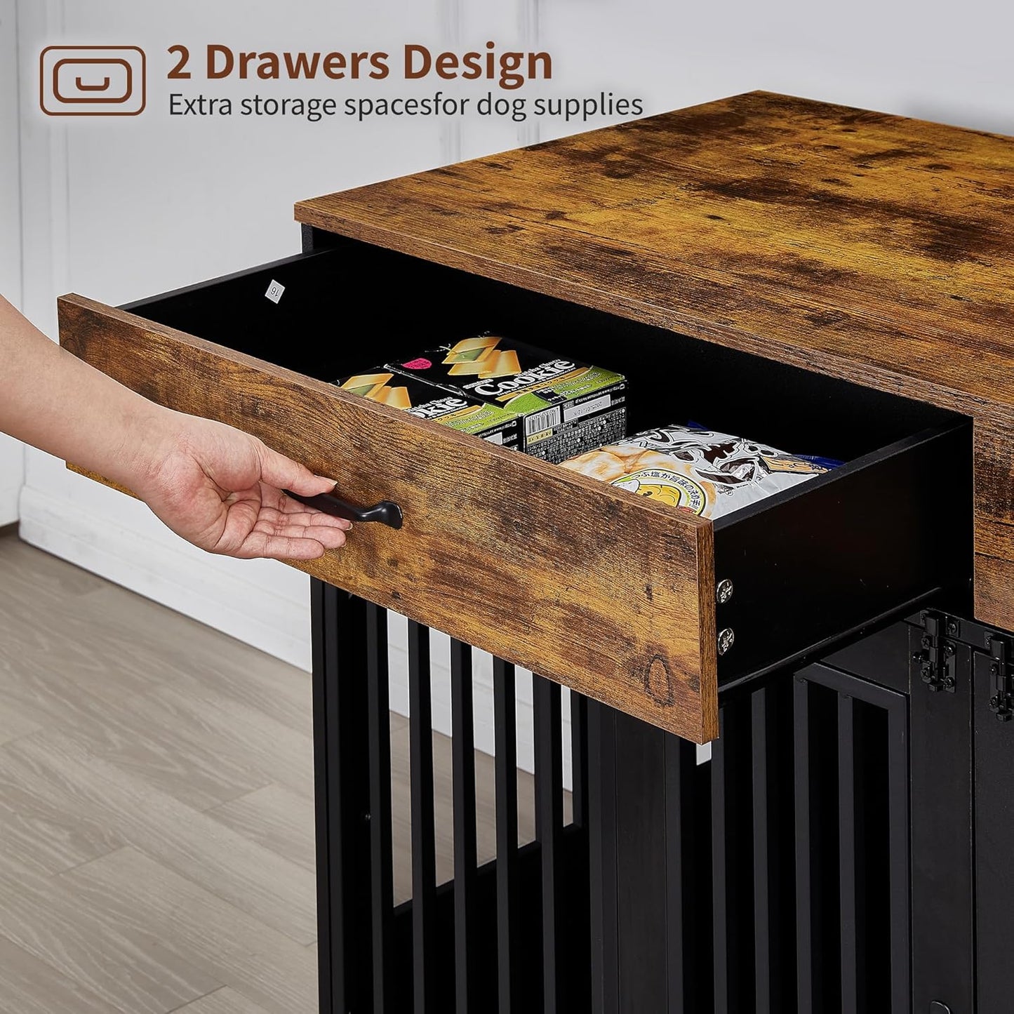 VECELO Dog Crate Furniture for Medium/Large Dogs, Wooden Dog Cage with Drawers, Double Door, Dog Kennel End Table, Brown