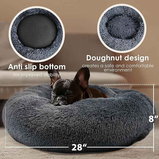 28in Large Dog Bed, Medium Size Dog and Cats, Calming Donut Bed for Puppy and Kitten, Washable Round Fluffy Pet Bed (Dark Grey)