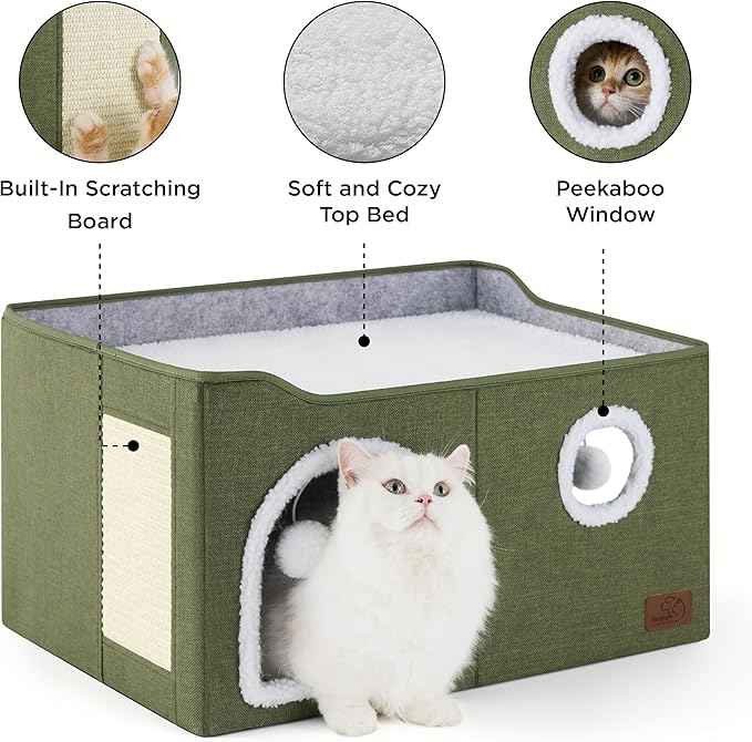 Bedsure Large Cat Beds for Indoor Cats - Extra Wide Cat Cube House for Small Pet with Fluffy Ball Hanging and Scratch Pad, Foldable Pet Cave Hideaway for Multiple Cats, 23.6x16.9x13 inches