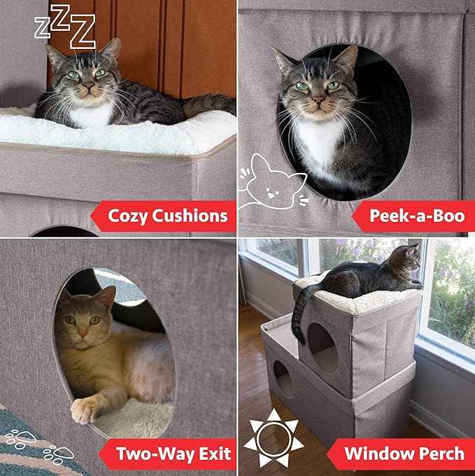 Kitty City Large Stackable Cat Condo & Cube House, Modular Indoor Cat Furniture with Plush Washable Beds, Collapsible Cat Cave & Lounging Ottoman, Tan