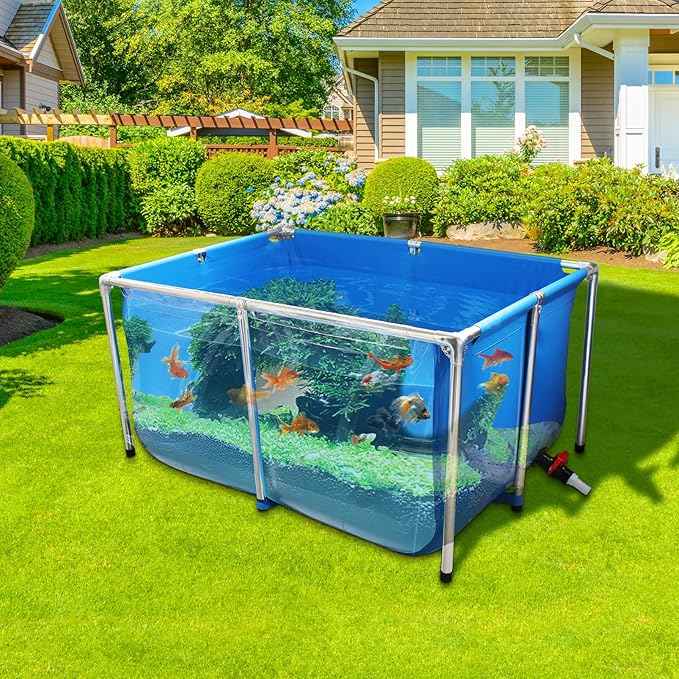 PVC Fish Pond,Above Ground Fish Tank,Goldfish/Koi Pond with Clear Viewing Panel, Outdoor Canvas Aquarium with Stainless Steel Frame & Drain Valve for Outside,47.2 * 31.5 * 23.6in,152 Gallon