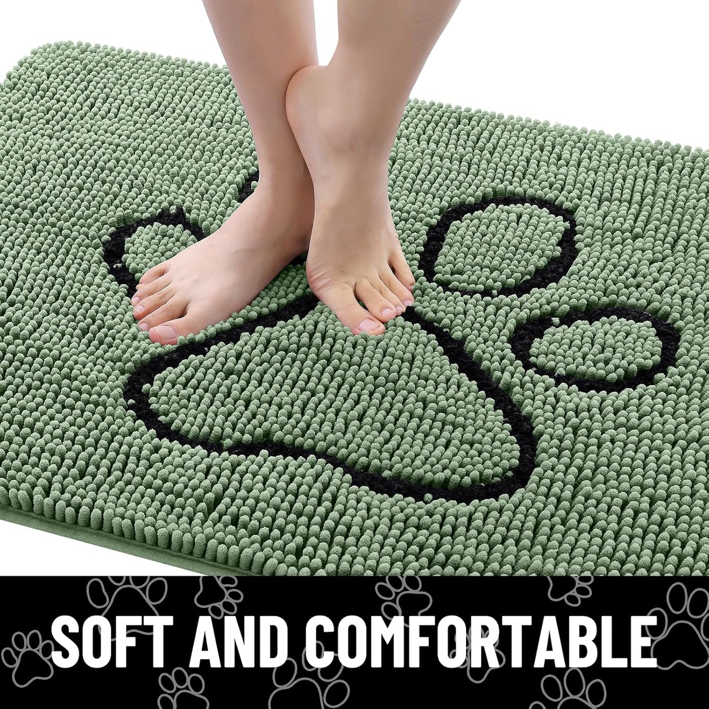 Smiry Dog Door Mat for Muddy Paws, Absorbent Dirt Trapper Non Slip Quick Dry Washable Chenille Mat for Mud Dogs, Entry Rug for Indoor and Outdoor (48x30 Inches, Olive Green and Black)