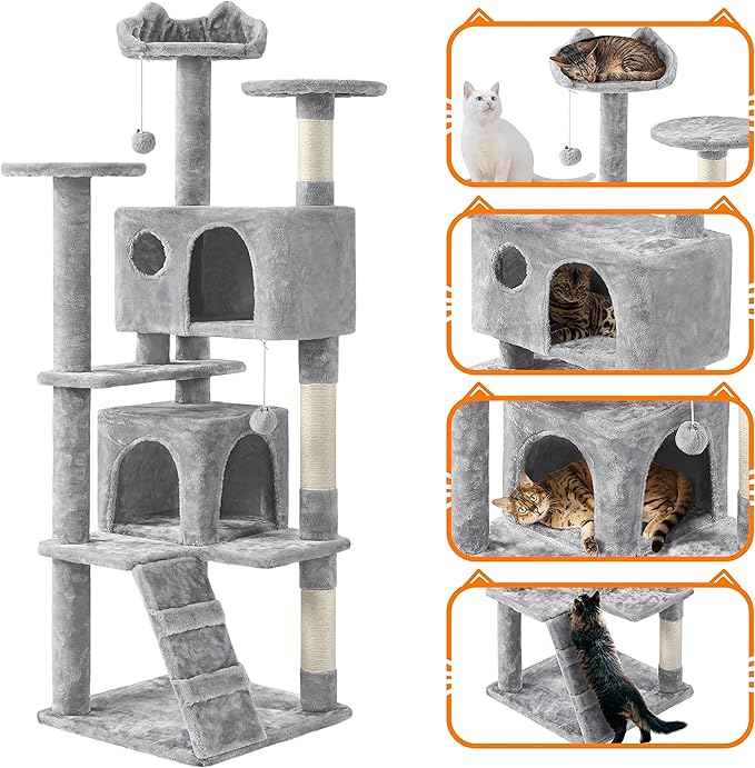 Yaheetech 62in Cat Tree Cat Tower for Indoor Kitty, Pet Furniture w/Double Condo, Scratching Posts, Multiple Platforms and Balls for Kittens, Light Gray