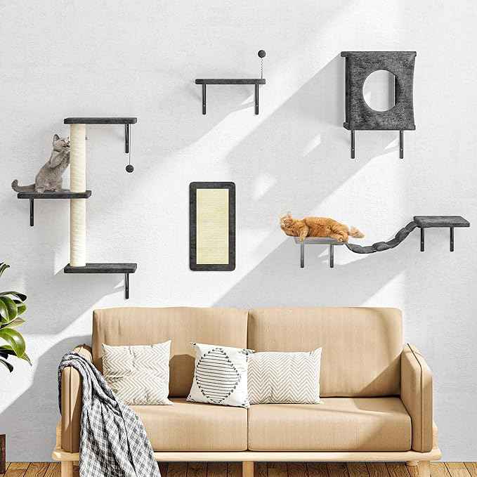 NUNU LAB Wall Mounted Cat Wall Shelves, 10-in-1 Cat Wall Climber with Kitten House, Bridge, Steps, Scratcher, Indoor Space-Saving Furniture for Kittens Play, Gray