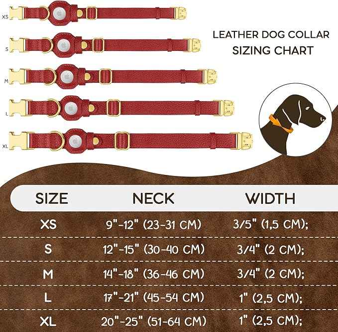 Leather Airtag Dog Collar - Soft Tracking Dog Collar with Apple AirTag Holder and Metal Buckle - Safety GPS Pet Collars for Small Medium Large Dogs Puppy Pink Red (Red, XS, 9"-12" Neck Fit)