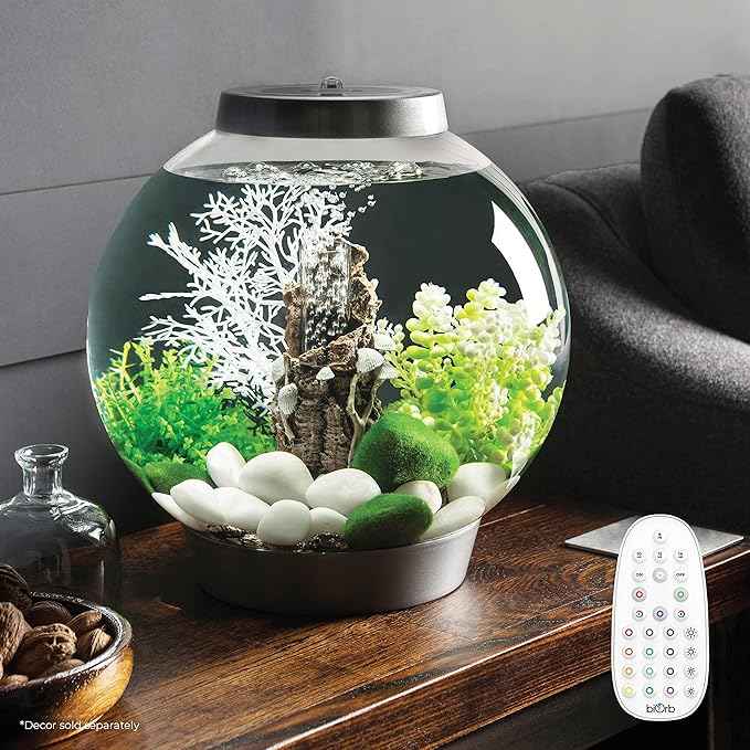 biOrb Classic 15 Acrylic 4-Gallon Aquarium with Multi-Color Remote-Controlled LED Lights Modern Compact Tank for Tabletop or Desktop Display, Silver