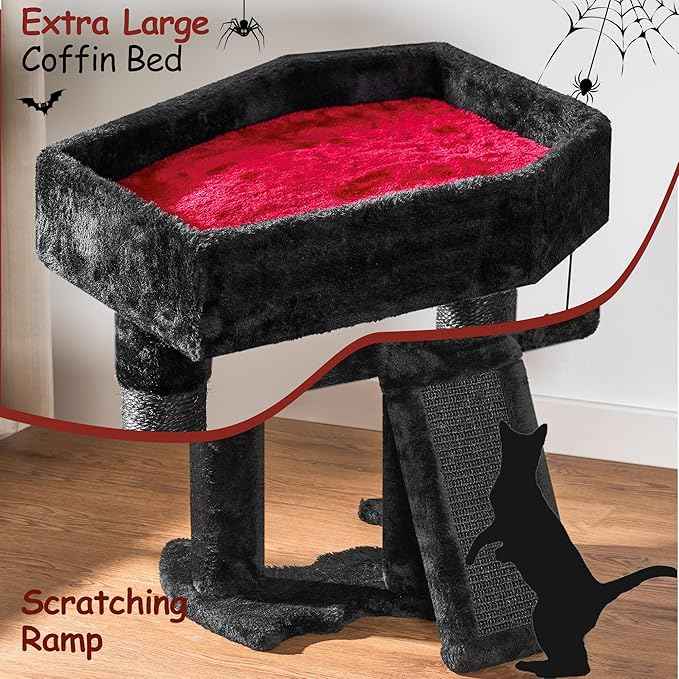 BEWISHOME Cat Tree Tower for Indoor Gothic Cat Trees with Coffin Bed, Cat Condo Cat House with Scratching Posts, Cat Shelves with Spider Toy, Pet Play Activity Center Black with Red, MMJ95R