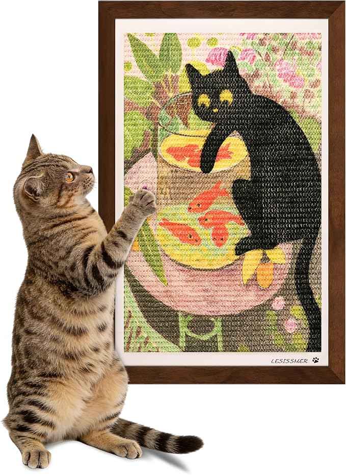 Wall Art Cat Scratcher Sisal Mat, No-Drill Wall Mounted Cat Scratch Pad with Frame, 13.8 x 21.7 Inch Cat Wall Scratchers for Indoor Cats（Goldfish）