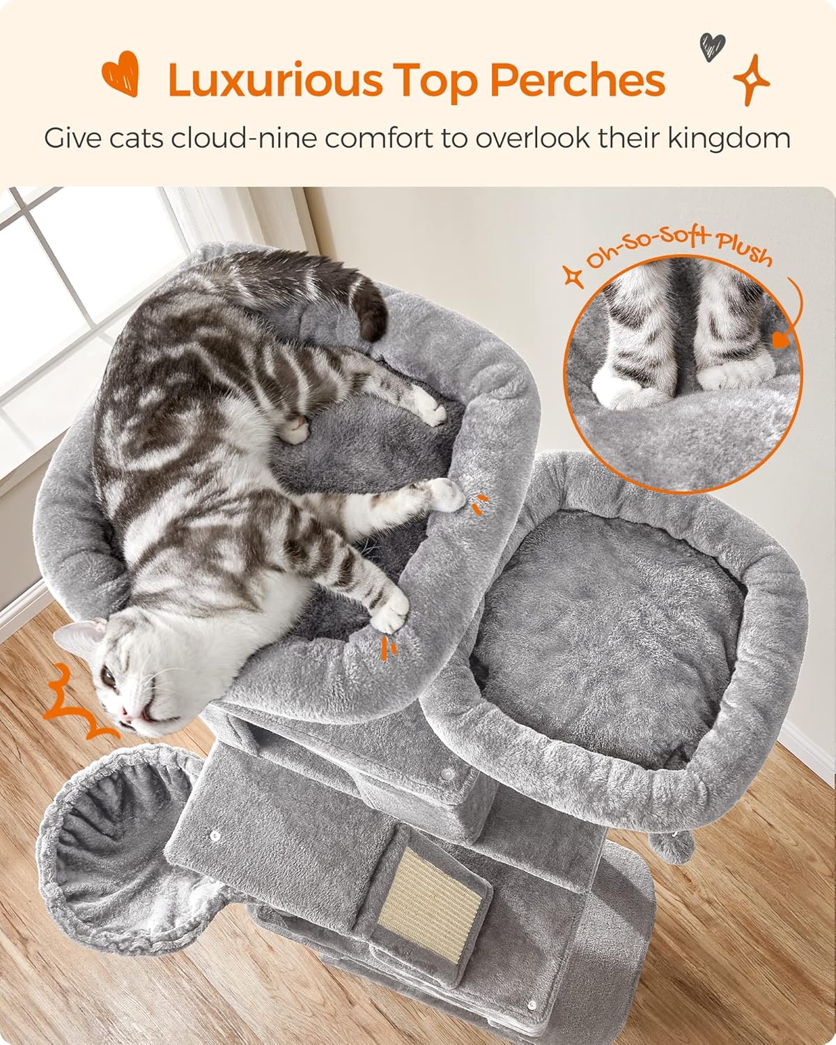 Feandrea Cat Tree, 81.1-Inch Large Cat Tower with 13 Scratching Posts, 2 Perches, 2 Caves, Basket, Hammock, Pompoms, Multi-Level Plush Cat Condo for Indoor Cats, Light Gray UPCT190W01