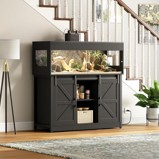 60 Gallon Reptile Terrarium with Stand, Terrarium Enclosure with Acrylic Doors, Storage Cabinet with Barn Door, Mesh Lid & Power Outlet – Vivarium Habitat for Medium Reptiles Black PX05RTB - FurryFun
