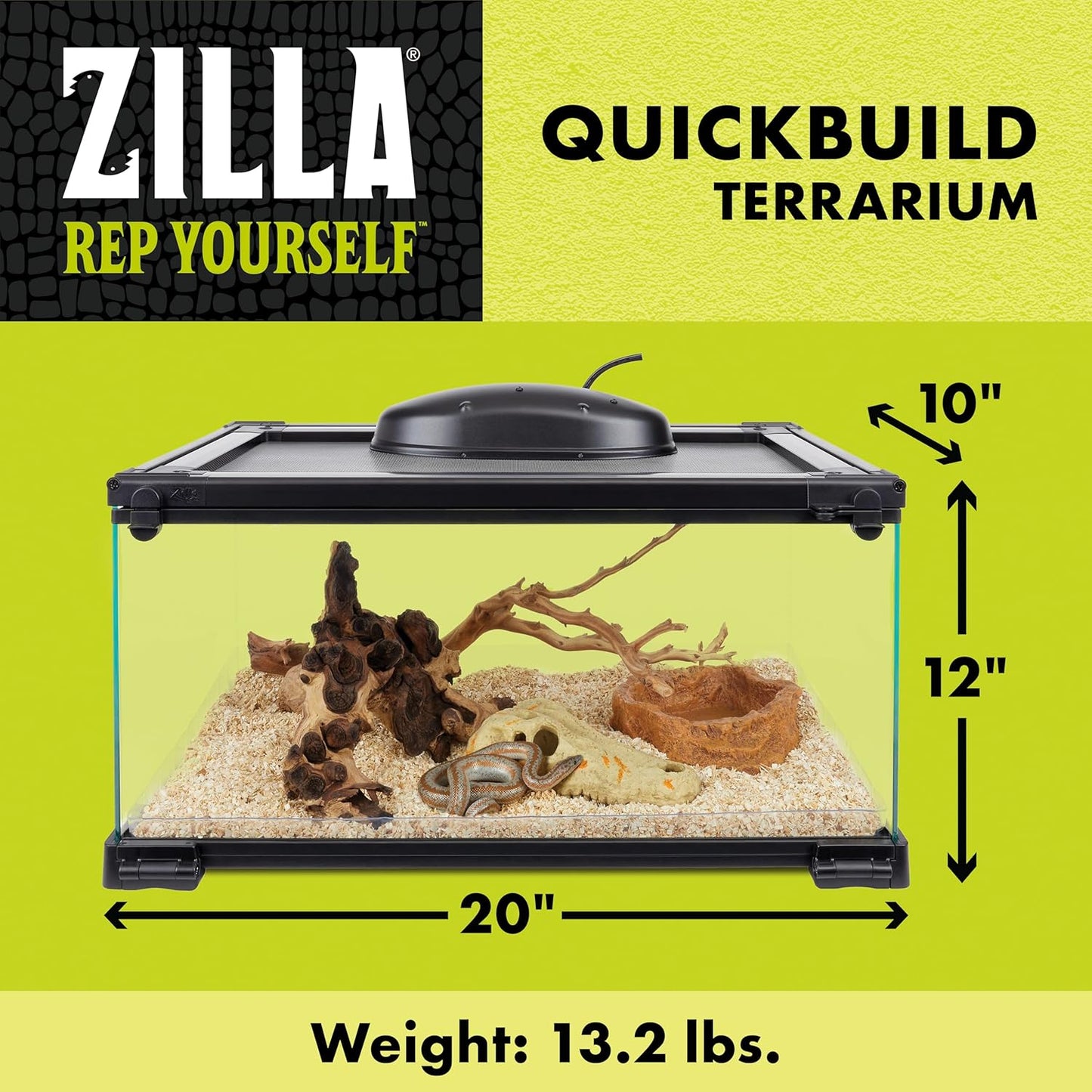 Zilla QuickBuild Reptile 10 Gallon Glass Terrarium Habitat with Bedding Tray For Geckos, Snakes, Lizards, Frogs, Turtles, and Tortoises, 20" x 12" x 10" - FurryFun