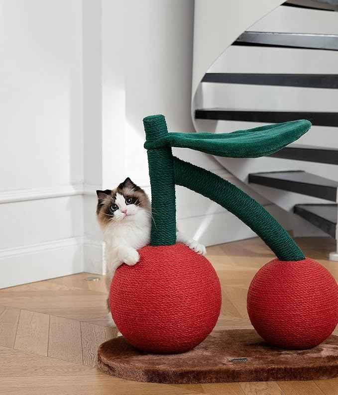 VETRESKA Cat Scratching Post, Large Cherry Cat Scratcher with Hammock, Tall Cat Scratch Interactive Toy with Natural Jute Rope for Indoor Cats, Kittens