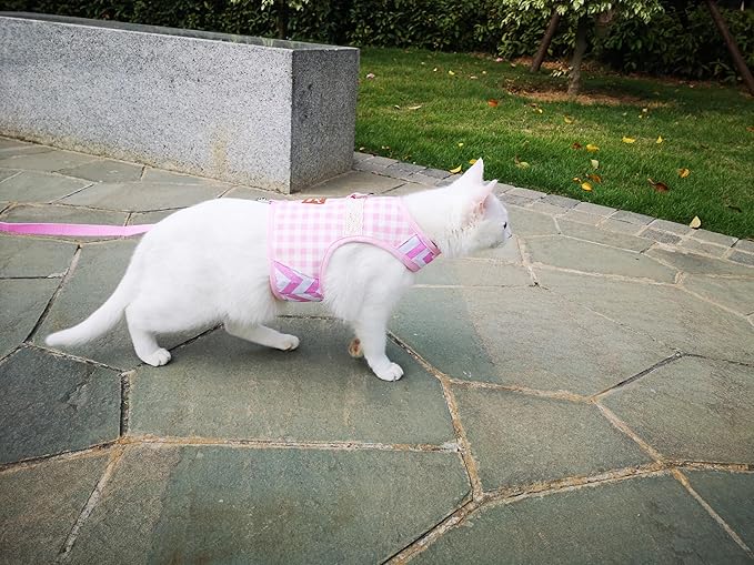 Cat Harness and Leash for Walking Escape Proof, Adjustable Cat Vest Harness, Padded Stylish Cat Walking Jackets, Pink Plaid, Extra Large