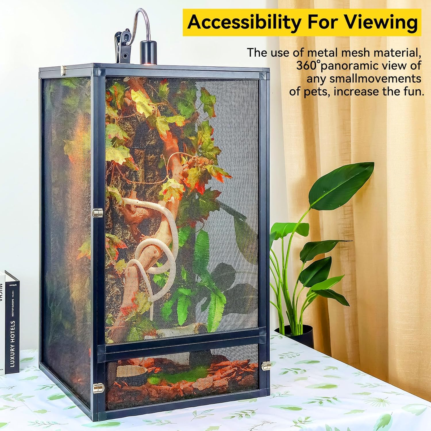45 Gallon 360° Panoramic Foldable Reptile Terrarium Kit: Crested Gecko Tank and Reptile Cage for Superior Ventilation, Easy Feeding, Sturdiness, and Simple Assembly (Black, 32"x18"x18") - FurryFun