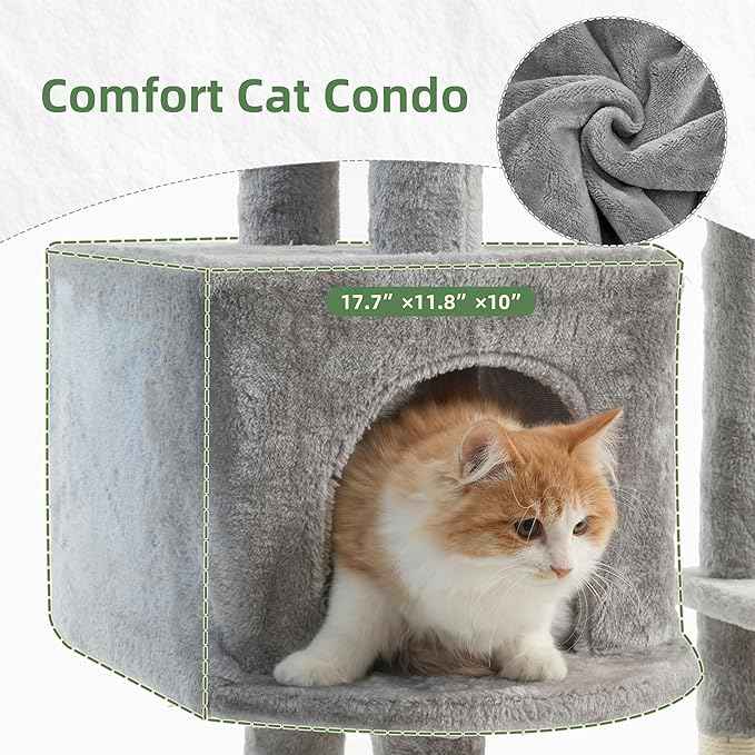 Cat Tree for Indoor Cats, 55.1 inch Cat Tower with 7 Sisal Scratching Posts, Multi-level Cat Condo wit Large Play Platform Furry Ball, Cat Cave, 2 Padded Perches, Basket, Light Gray GCT013W