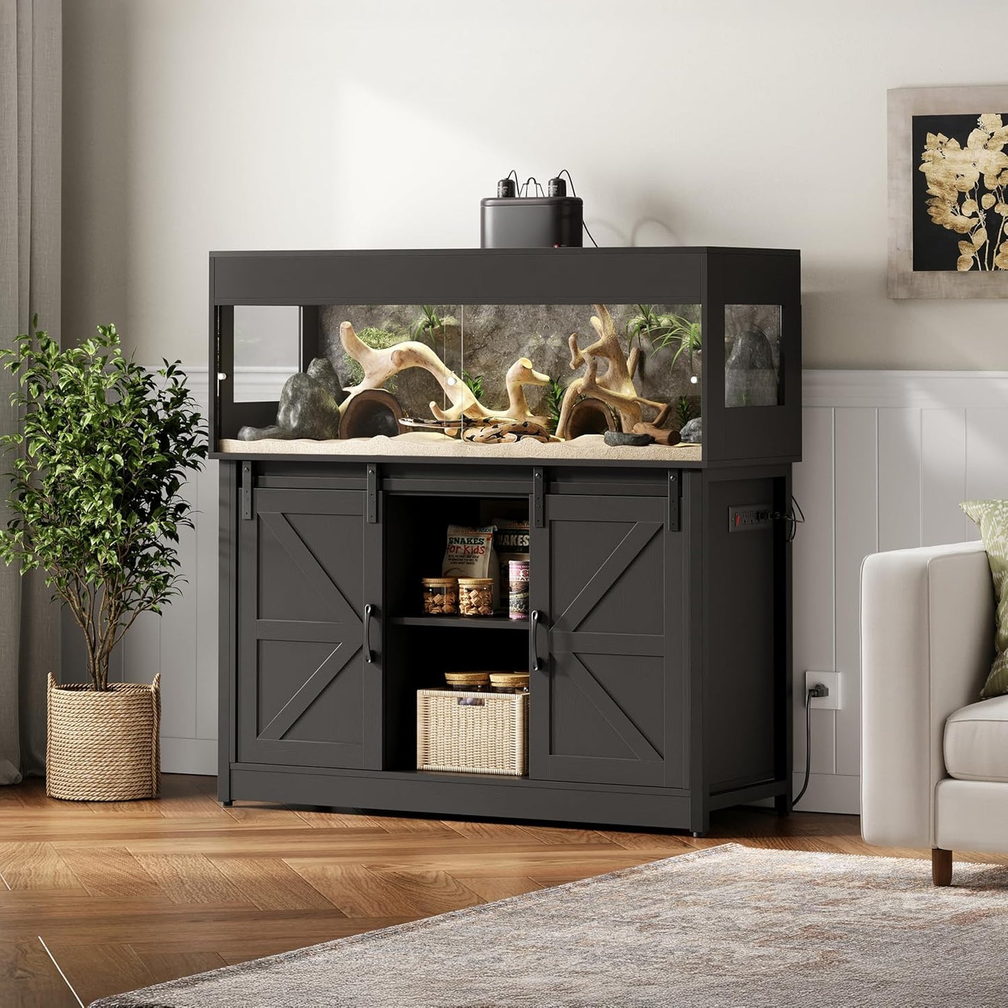 60 Gallon Reptile Terrarium with Stand, Terrarium Enclosure with Acrylic Doors, Storage Cabinet with Barn Door, Mesh Lid & Power Outlet – Vivarium Habitat for Medium Reptiles Black PX05RTB - FurryFun