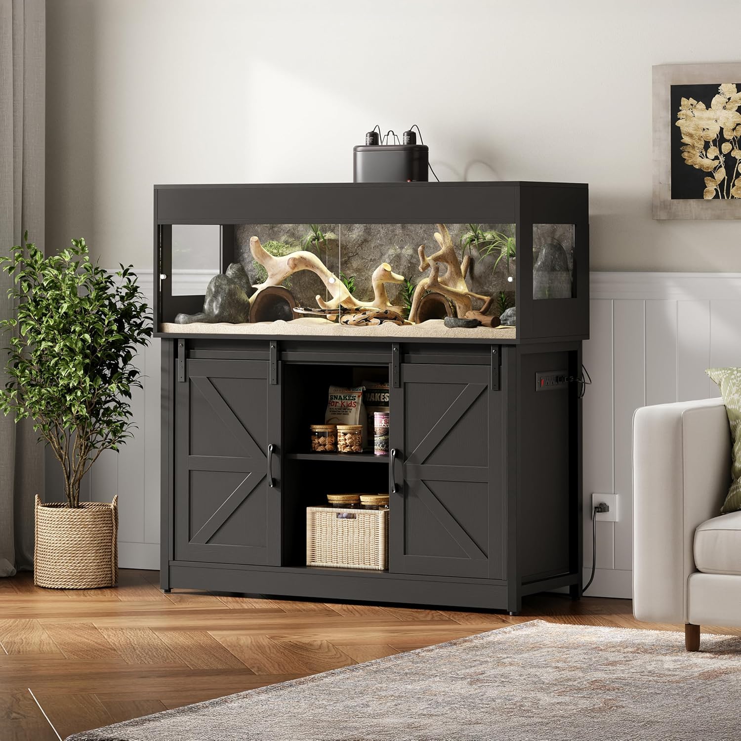 60 Gallon Reptile Terrarium with Stand, Terrarium Enclosure with Acrylic Doors, Storage Cabinet with Barn Door, Mesh Lid & Power Outlet – Vivarium Habitat for Medium Reptiles Black PX05RTB - FurryFun