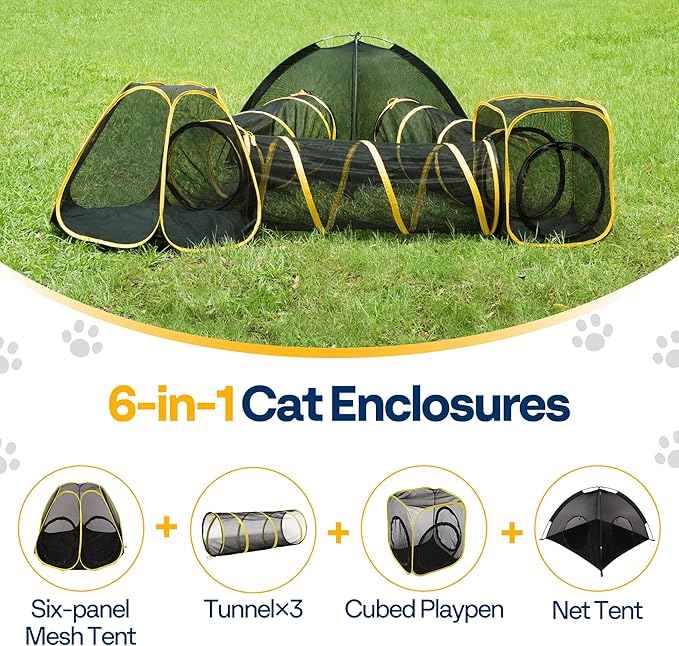 VIVOHOME 6-in-1 Outdoor Cat Enclosure with Playhouse, 2 Tents & 3 Tunnels - Portable Cat Playground with Leash and Mint Ball for Indoor/Outdoor Use, Yard Balcony Camping Safety