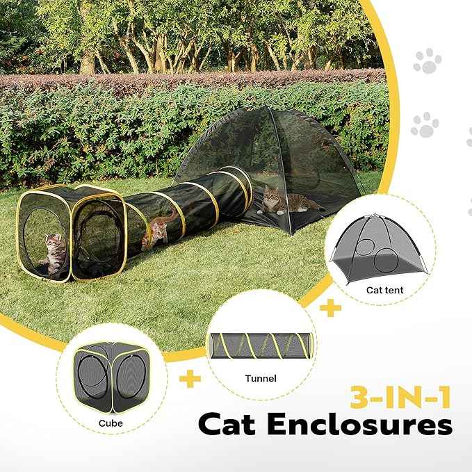 VIVOHOME Outdoor Cat Enclosures 3-in-1 Portable Catio w/Large Cat Tent, Tunnel, Playhouse, 5 Piece Door, Cat Leash, Mint Ball for Rabbits, Dogs and Feline Friends to Explore in Yard, Balcony, Camping