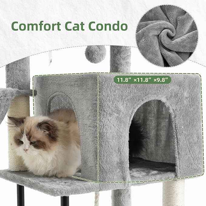 Cat Tree, Cat Tower for Indoor Cats, 43.3 inch Cat Tree Tower with Sturdy Steel Tube, Cat Hammock, Cat Condo for Small Cats and Kittens, Cat Scratching Post, Light Gray GCT004SW