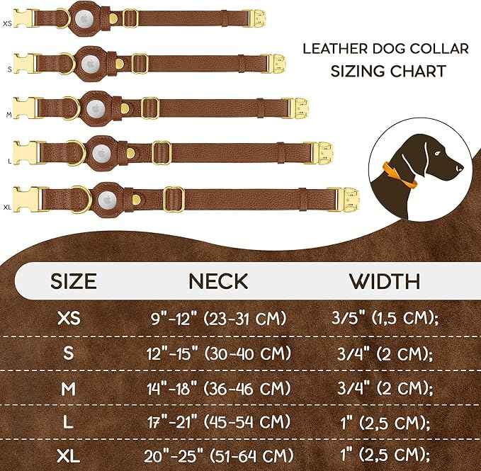 Leather Airtag Dog Collar - Soft Tracking Dog Collar with Apple AirTag Holder and Metal Buckle - Safety GPS Pet Collars for Small Medium Large Dogs Puppy Pink Red (Brown, L, 17"-21" Neck Fit)