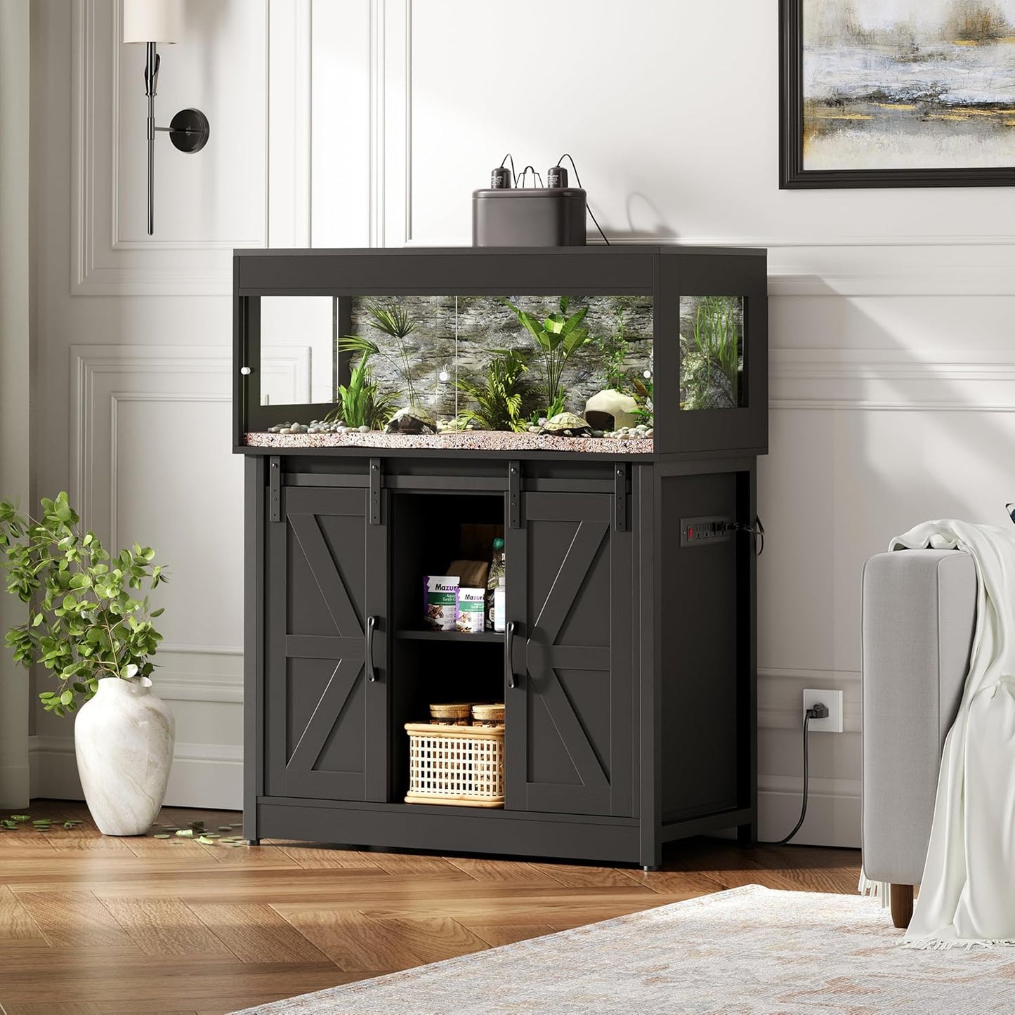 40 Gallon Reptile Terrarium with Stand, Reptile Tank with Barn Door and Storage, Vivarium with Acrylic Doors, Ventilated Mesh Top & Power Outlet, for Geckos, Lizards, Snakes Black PX06RTB - FurryFun