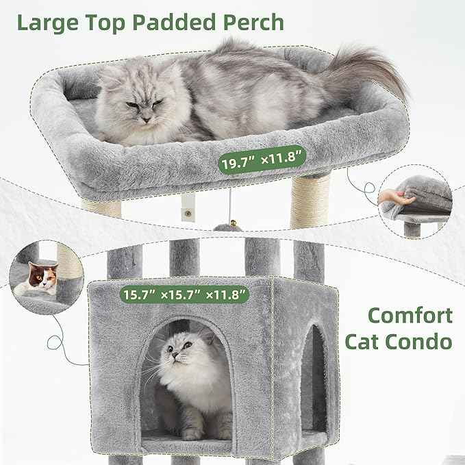 Cat Tree for Indoor Cats Large Adult, Heavy Duty Cat Tree for Large Cats 20 lbs+, Cat Condo with Big Wooden Perch, Cat Tower with 14 Scratching Posts, Hammock, Light Gray GCT023W