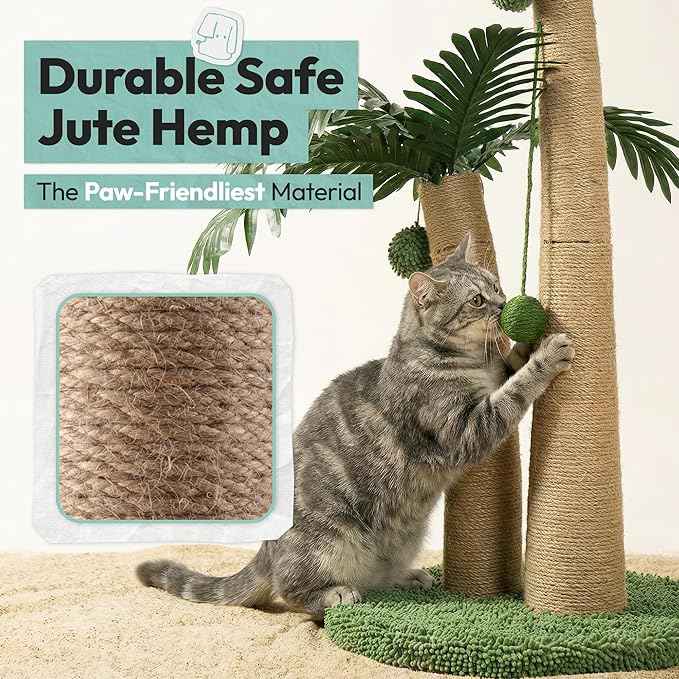 Cat Scratching Post 33 Inch Double Post Support with Hanging Balls, Cat Scratcher for Indoor Kittens, Extra Stable Base, Paw-Friendly Jute Material M
