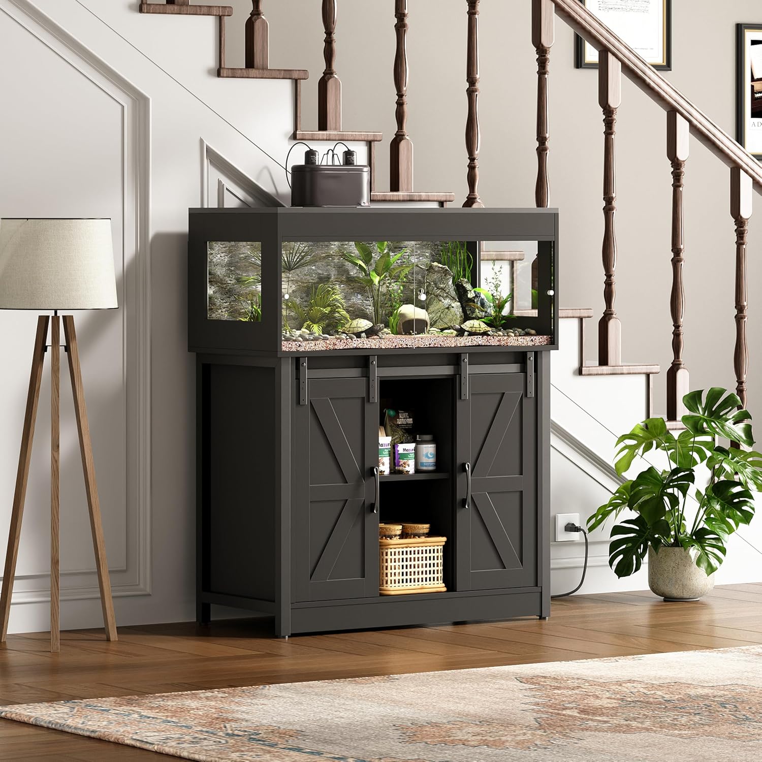 40 Gallon Reptile Terrarium with Stand, Reptile Tank with Barn Door and Storage, Vivarium with Acrylic Doors, Ventilated Mesh Top & Power Outlet, for Geckos, Lizards, Snakes Black PX06RTB - FurryFun