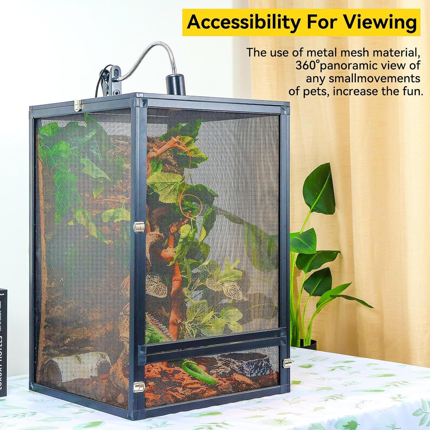 33 Gallon 360° Panoramic Foldable Reptile Terrarium Kit: Crested Gecko Tank and Reptile Cage for Superior Ventilation, Easy Feeding, Sturdiness, and Simple Assembly (Black, 26"x17"x17") - FurryFun