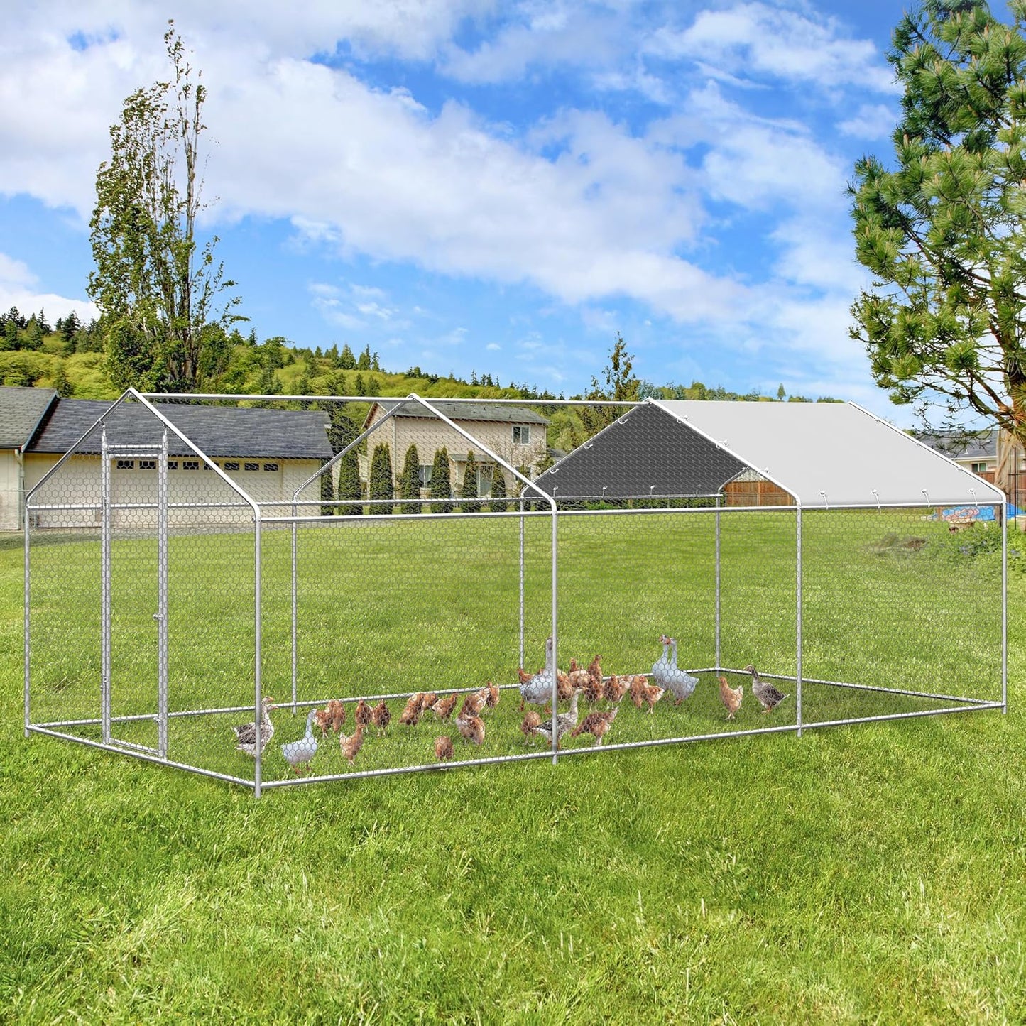 Large Metal Chicken Coop, Walk-in Chicken Run Pen with Waterproof Cover, Spire Roof Poultry Cage for Outdoor, Backyard, Farm