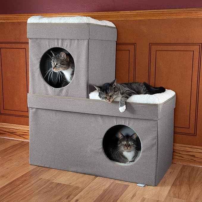Kitty City Large Stackable Cat Condo & Cube House, Modular Indoor Cat Furniture with Plush Washable Beds, Collapsible Cat Cave & Lounging Ottoman, Tan